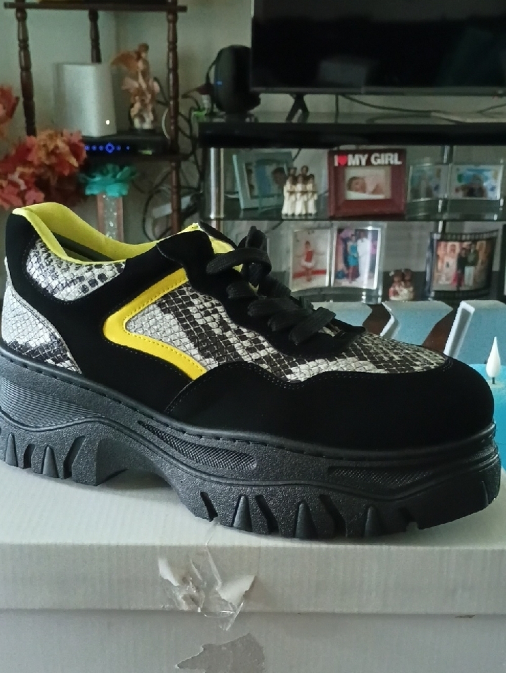 Women's Black & Yellow Chunky Sneaker with Snakeskin Accent - Picture 3 of 5